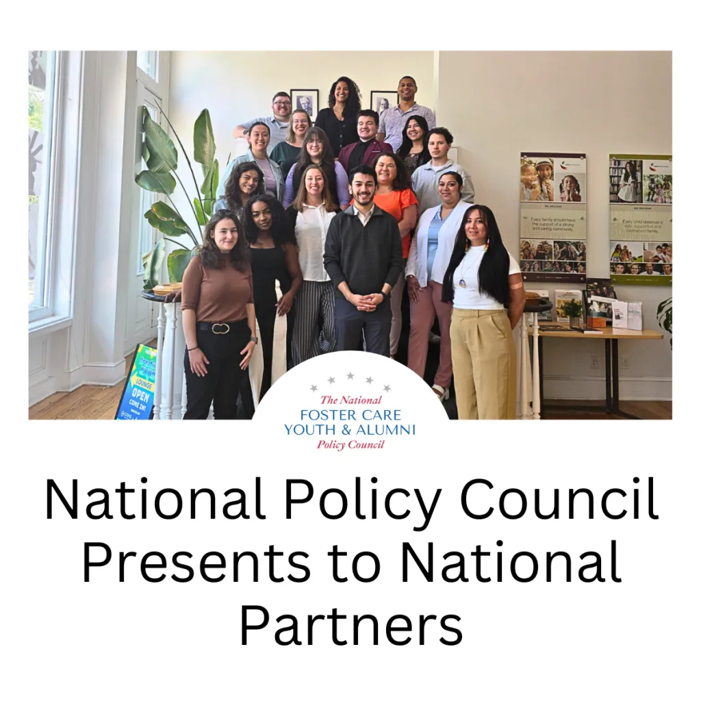 Graphic reading "National Policy Council Presents to National Partners" featuring a group photo of approximately 18 people posed together in a bright office space, with the National Foster Care Youth & Alumni Policy Council logo overlaid on the image.