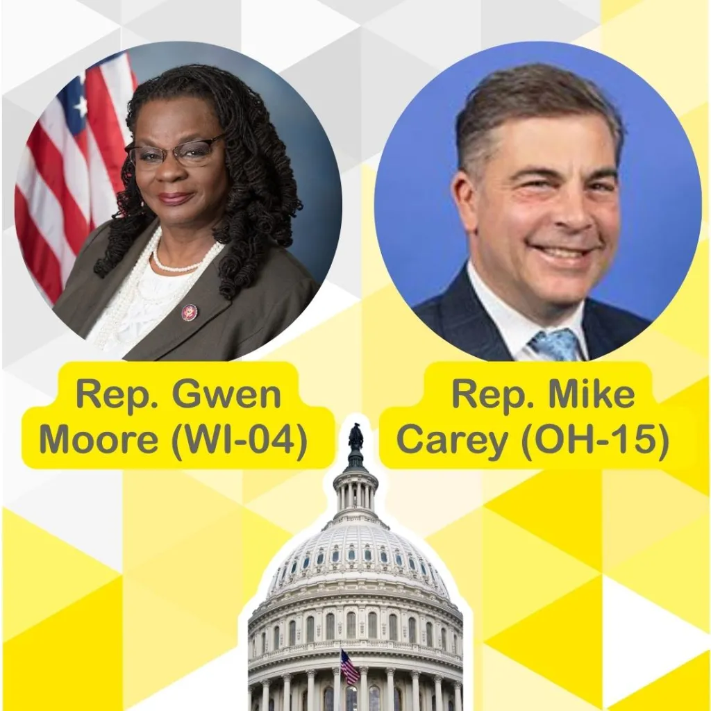 Photo of Rep. Gwen Moore and Rep Mike Carey on Yellow geometric background with image of US capital on the bottom