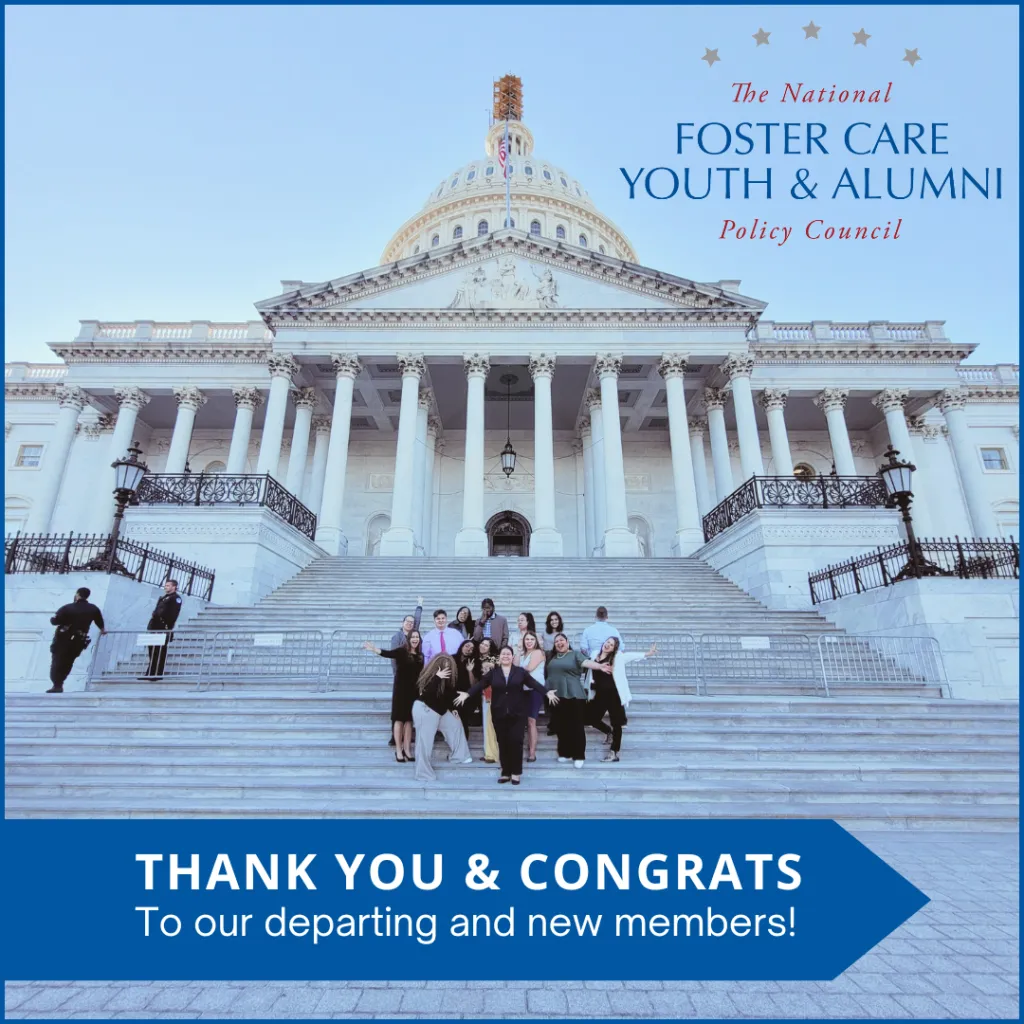 Group photo of the National Policy Council standing in front of the Washington DC Capitol Building with the text: Thank you and Congrats to our departing and new members.