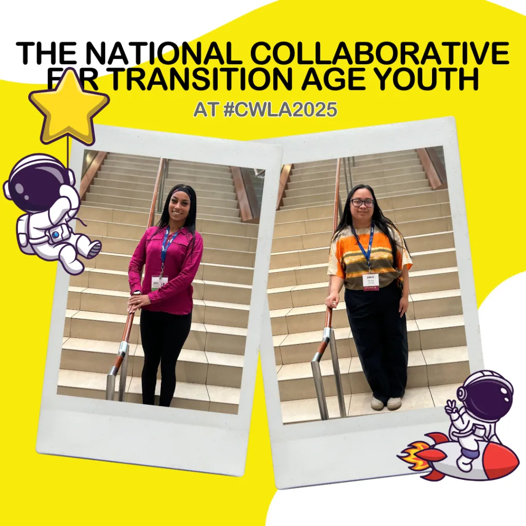 Two individuals stand on stairs at the CWLA 2025 conference. One wears a pink blouse and black pants, while the other wears a colorful striped shirt and black pants. Both are members of the National Collaborative for Transition Age Youth (NCTAY).