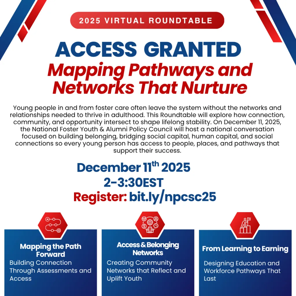 Graphic for the 2025 Virtual Roundtable titled ‘Access Granted: Mapping Pathways and Networks That Nurture,’ happening December 11, 2025, from 2–3:30 EST. Includes brief descriptions of three topics: Mapping the Path Forward, Access & Belonging Networks, and From Learning to Earning.