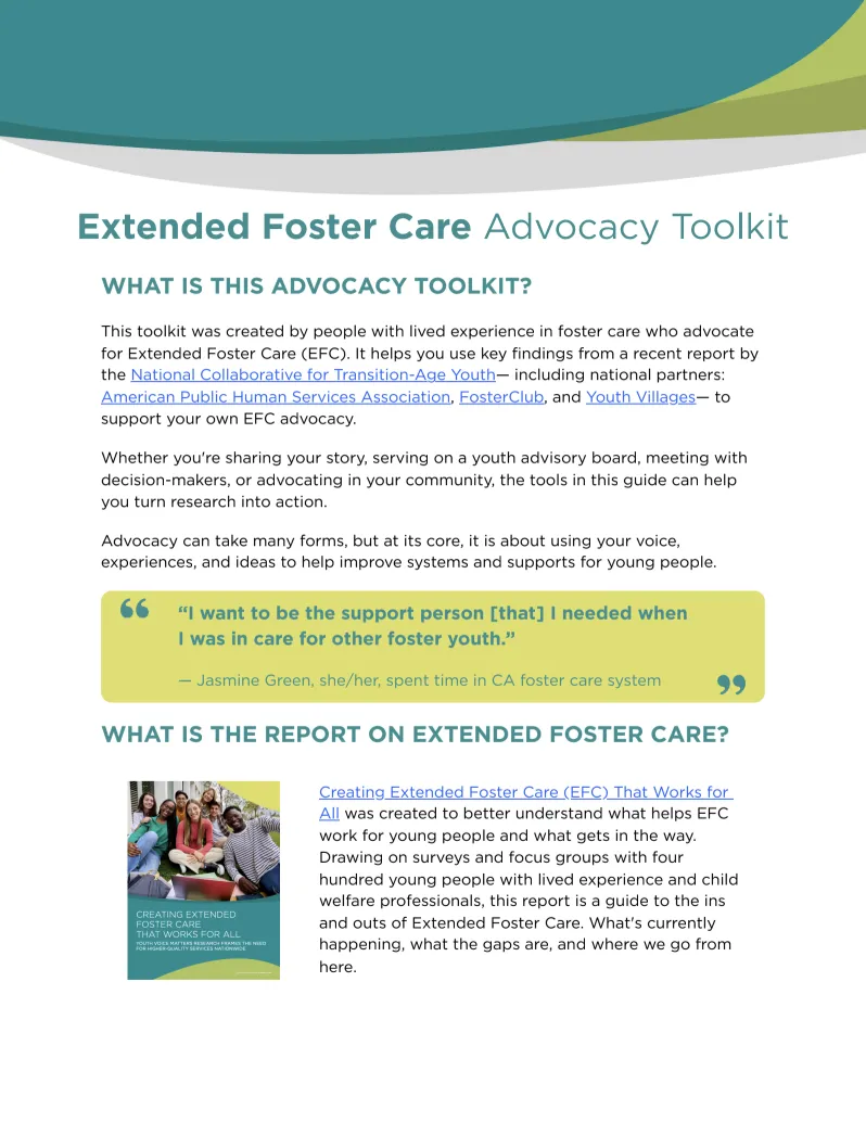 Front page of the Extended Foster Care Advocacy Toolkit.